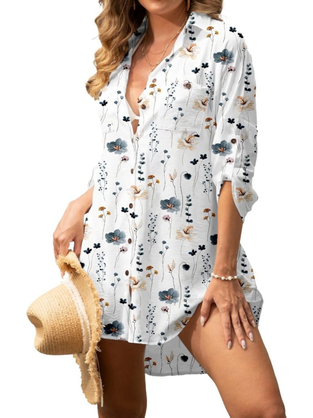 Womens White Polyester Cover up Beach Swimsuit Coverup Floral Button Down Shirt